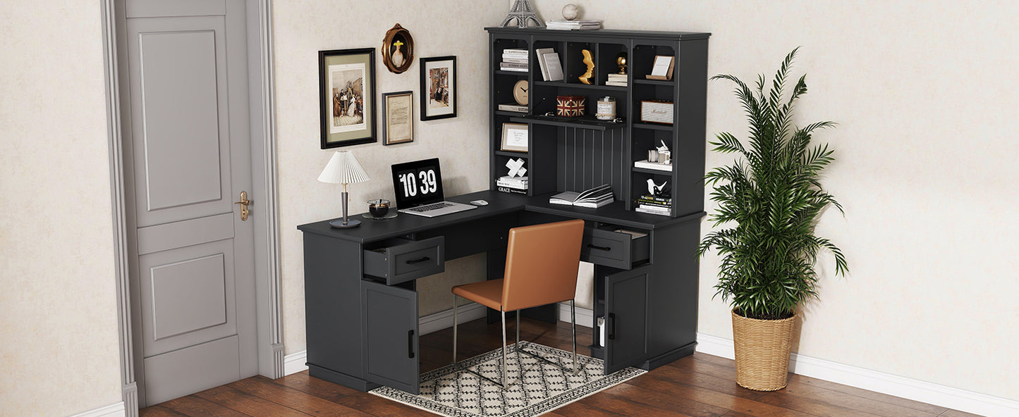 L-shaped computer desk with 2 cabinets and 2 drawers underneath the table, 11 open shelves and a flip-up shelf with storage on the right side, suitable for study, living room and office, Black