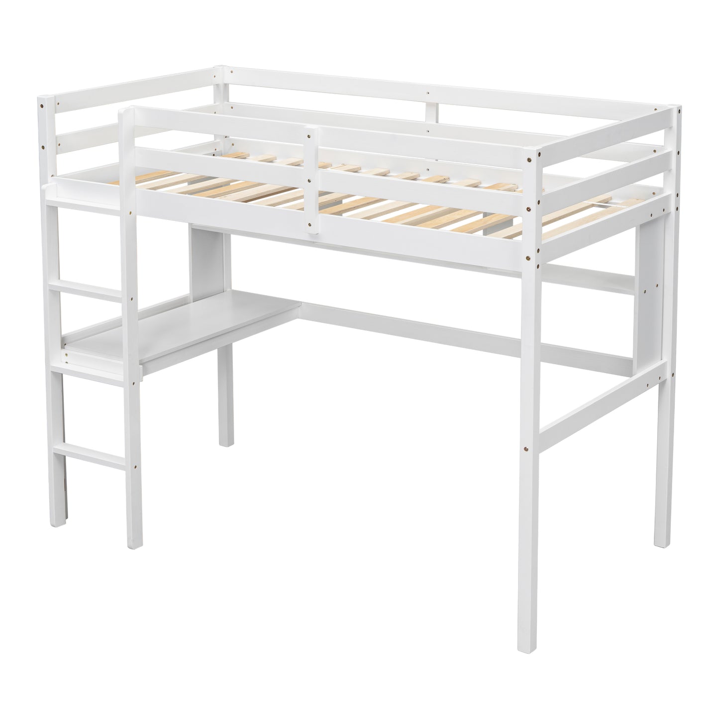 Twin Size Loft Bed with desk and shelves, Safety Guardrail and ladder,White