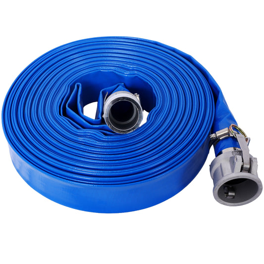 1.5' ID × 100 ft Pool Backwash Hose, Heavy Duty Reinforced Blue PVC Lay Flat Water Discharge Pump Hoses For Swimming Drain Pools and Clean Filters, with Aluminum Camlock C and E Fittings