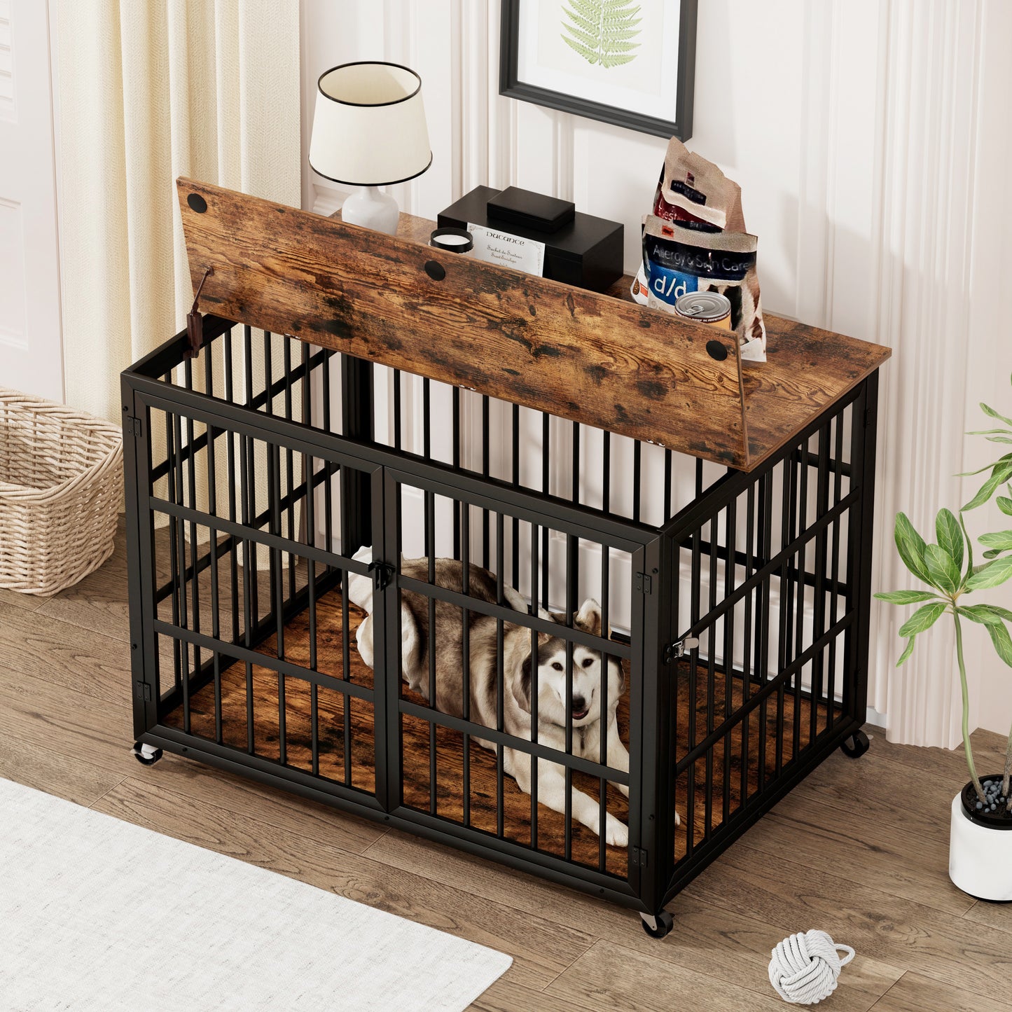 Furniture style dog crate wrought iron frame door with side openings, Rustic Brown, 43.3''W x 29.9''D x 33.5''H.