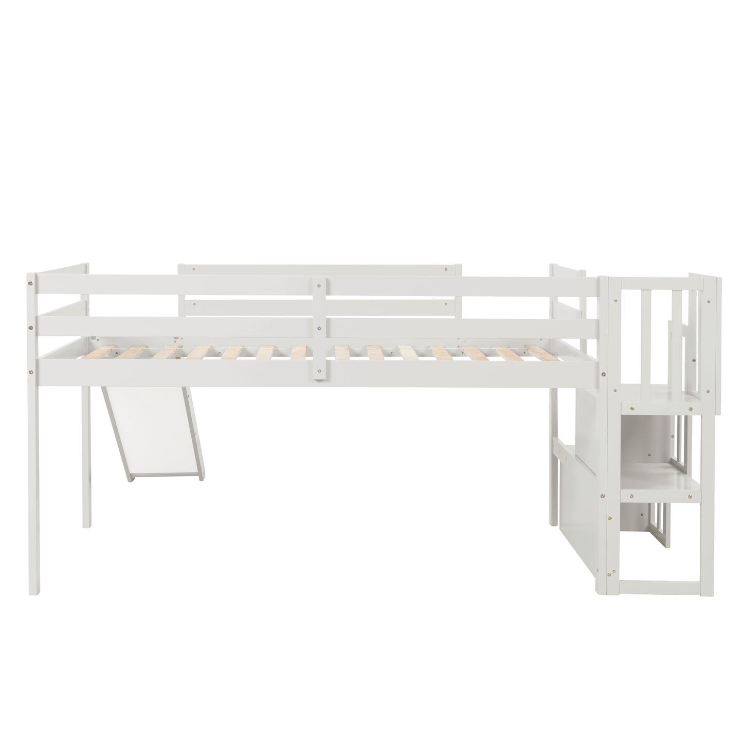 Loft Bed with Staircase, Storage, Slide, Twin size, Full-length Safety Guardrails, No Box Spring Needed, White (Old Sku:W504S00004)