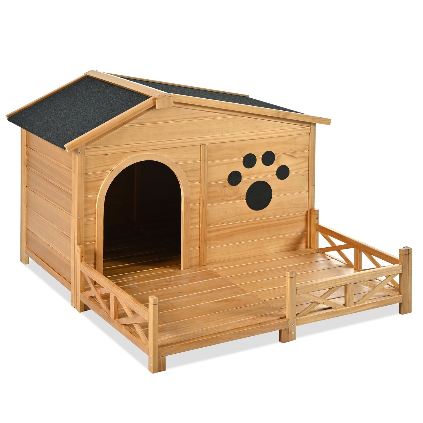 48" Wooden Dog House Outdoor with Porch, Dog Kennel with Water-Resistant Asphalt Roof and Fencing,Indoor & Outdoor Dog Crate with Paw Print, Medium, Nature