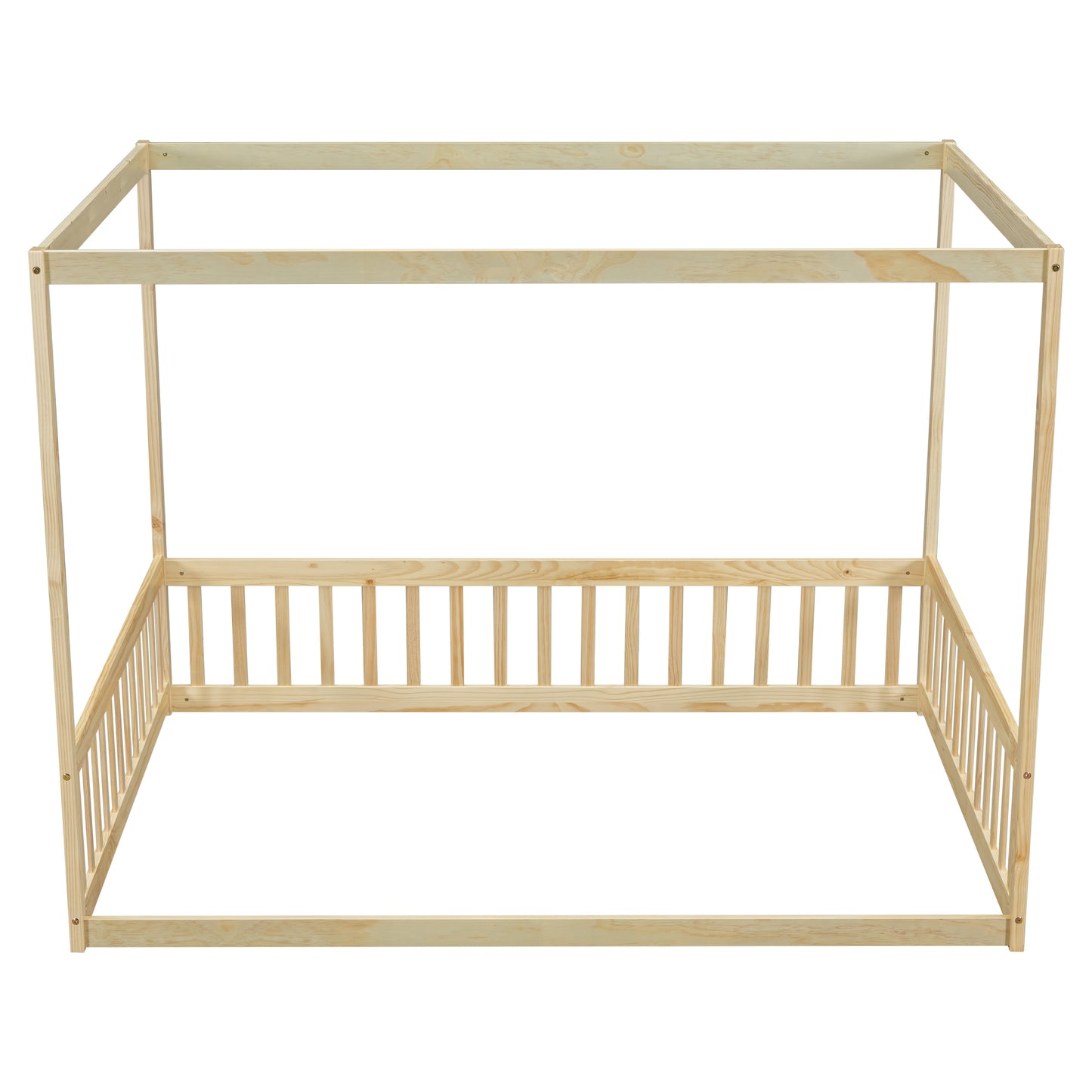 Full Size Canopy Frame Floor Bed with Fence, Guardrails,Natural