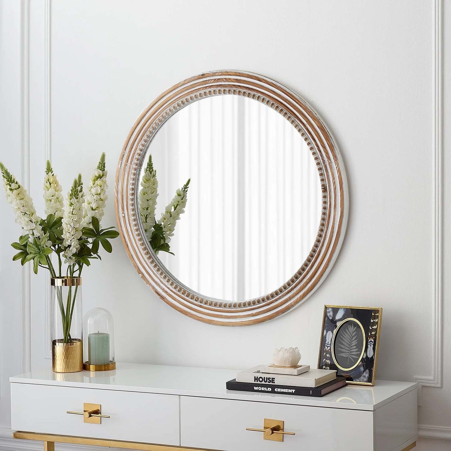 Rustic Round Wall Mirror, 23.62 Inches Wood Circle Mirror with Beads, Decorative Farmhouse Mirror for Living Room, Bedroom, Kitchen, Entryway (White)