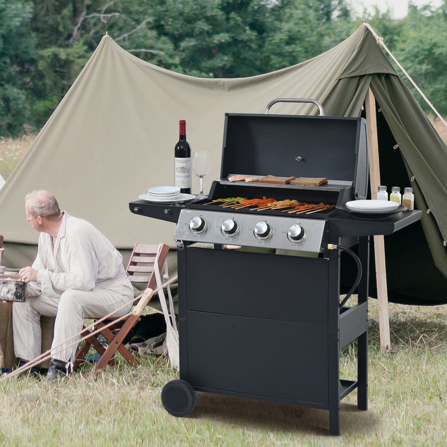 Propane Gas Grill 4 Burner Barbecue Grill, Stainless Steel 34,000 BTU Patio Garden Barbecue Grill with Two Shelves, Lid, Wheels and Bottle Opener