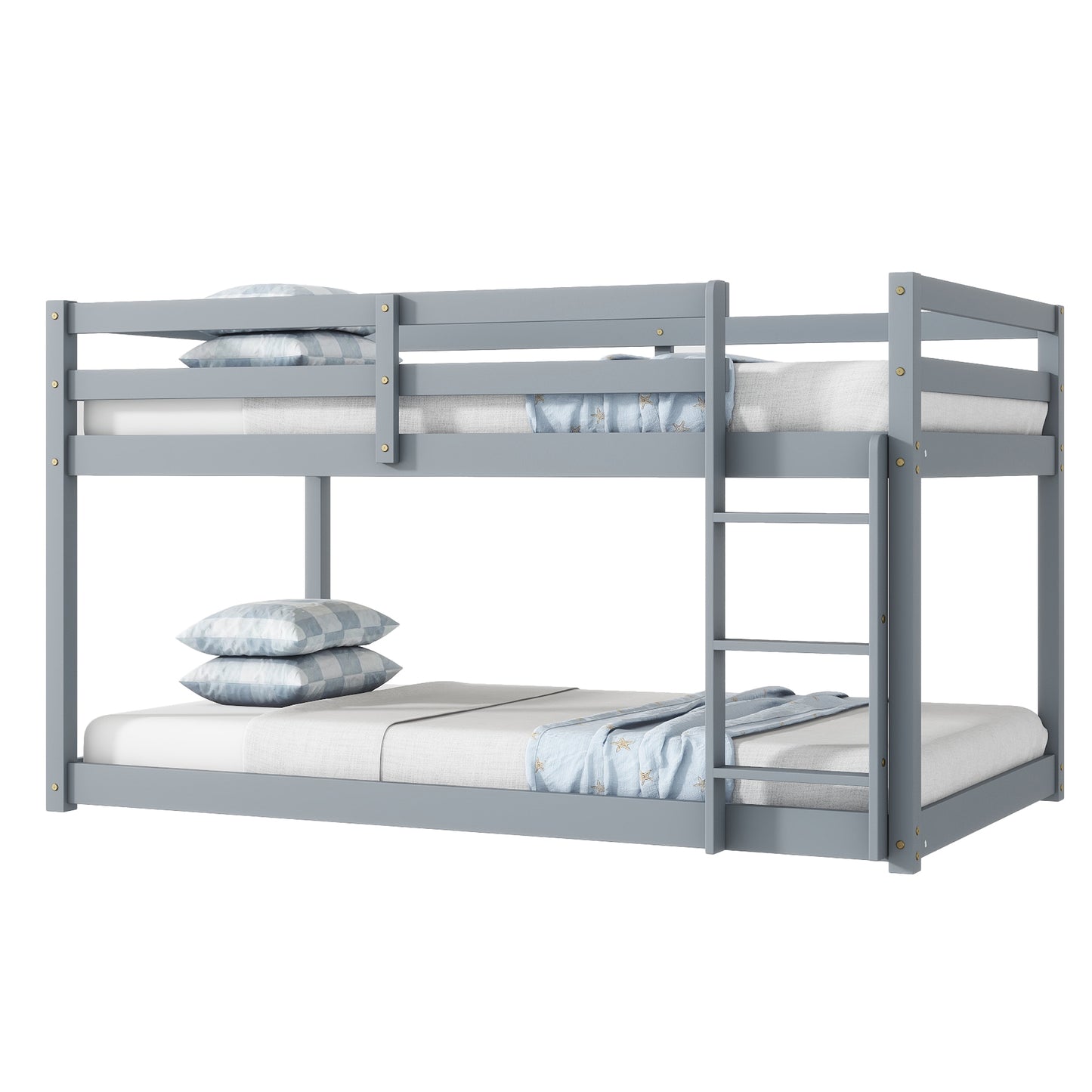 Solid Wooden, Solid Rubber Wooden Twin over Twin Loft Bed with Ladder, with Bed Platform of Strengthened Slats , Grey