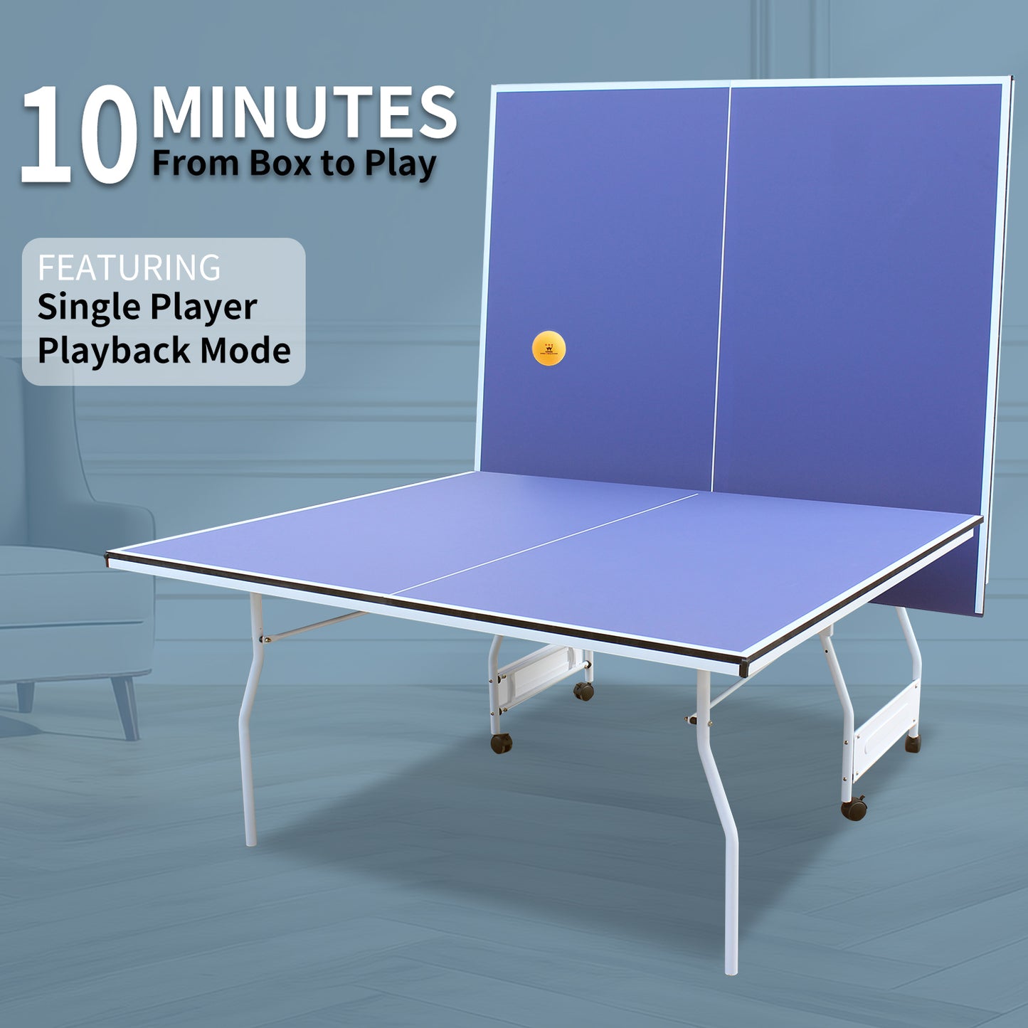 9ft Mid-Size Table Tennis Table Foldable & Portable Ping Pong Table Set for Indoor Games with Net, 2 Table Tennis Paddles and 3 Balls