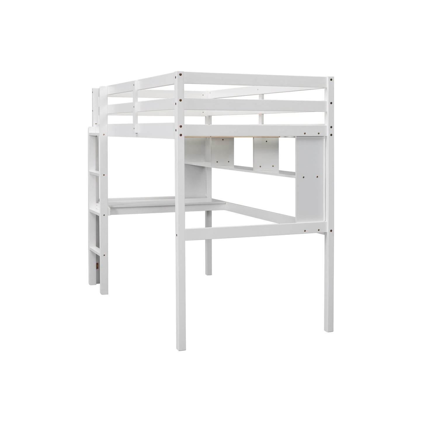 Twin Size Loft Bed with desk and shelves, Safety Guardrail and ladder,White