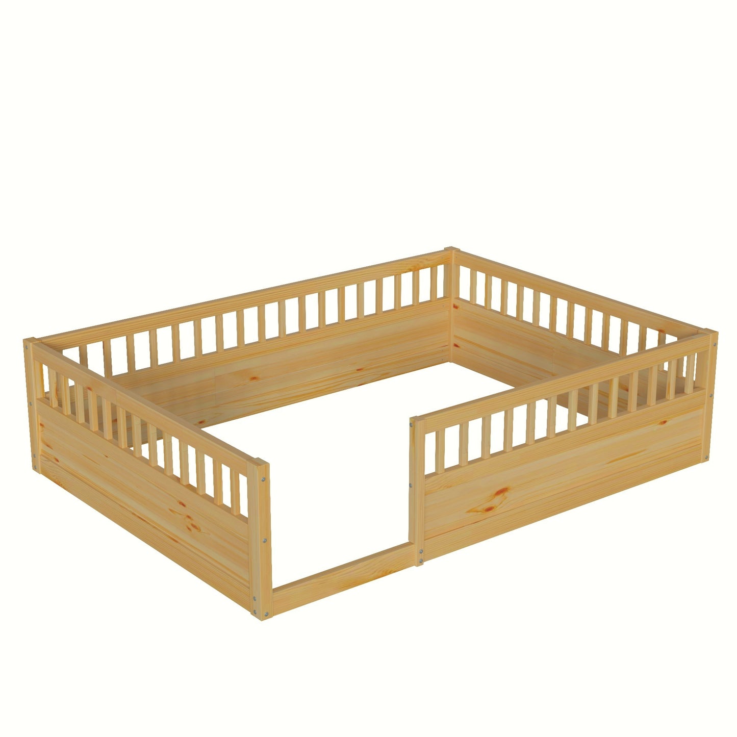 Full Floor Bed Frame with Fence, Wood Kids Floor Beds Frame for Bedroom Playroom,Natural(Expect arrive date Jul. 10th)