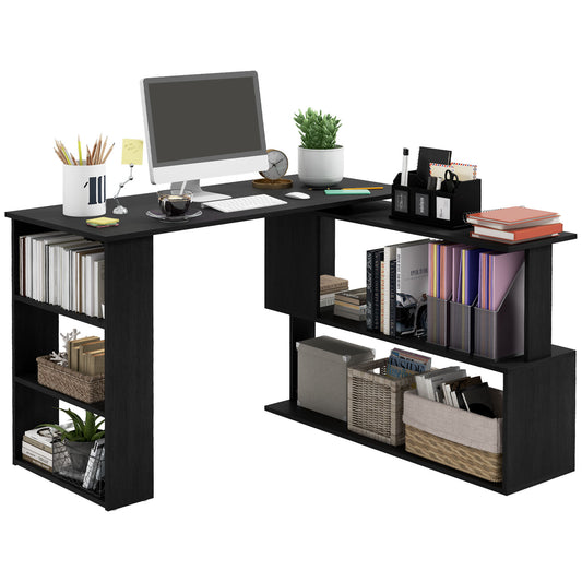 HOMCOM L Shaped Corner Desk, 360 Degree Rotating Home Office Desk with Storage Shelves, Writing Table Workstation, Black