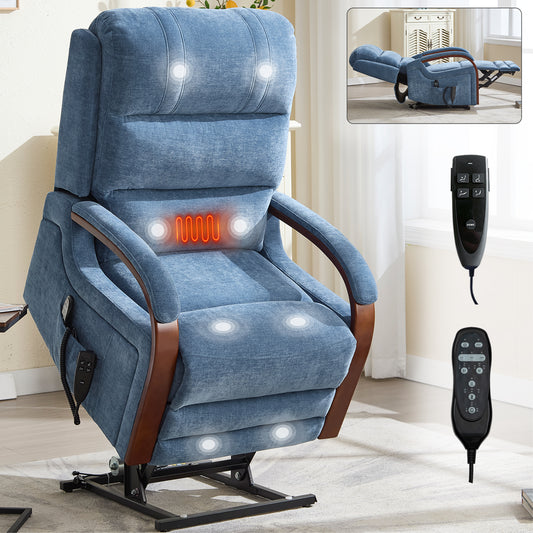 Power Blue Chenille Lift Recliner Chair Dual Motor Infinite Position Up to 350 LBS with Solid Wood Armrests, Heat Massage and Heavy Duty Motion Mechanism