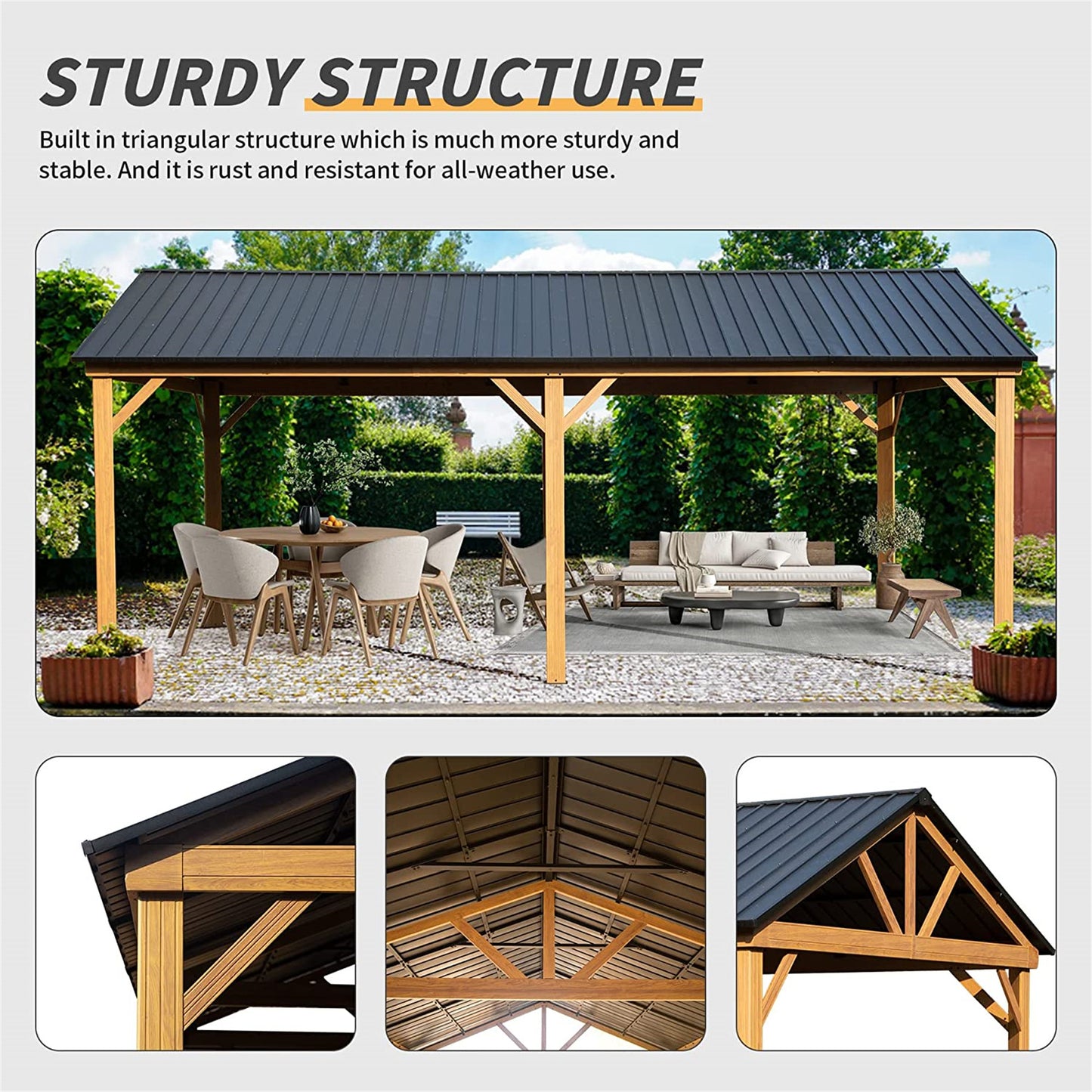 12x20ft Hardtop Gazebo, Galvanized Steel Gable Roof Gazebo Pergola with Wood Grain Aluminum Frame, Outdoor Permanent Gazebo Pavilion for Patio, Garden (Yellow Brown)