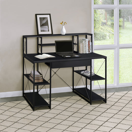 Black Office Desk with Open Shelves and Hutch