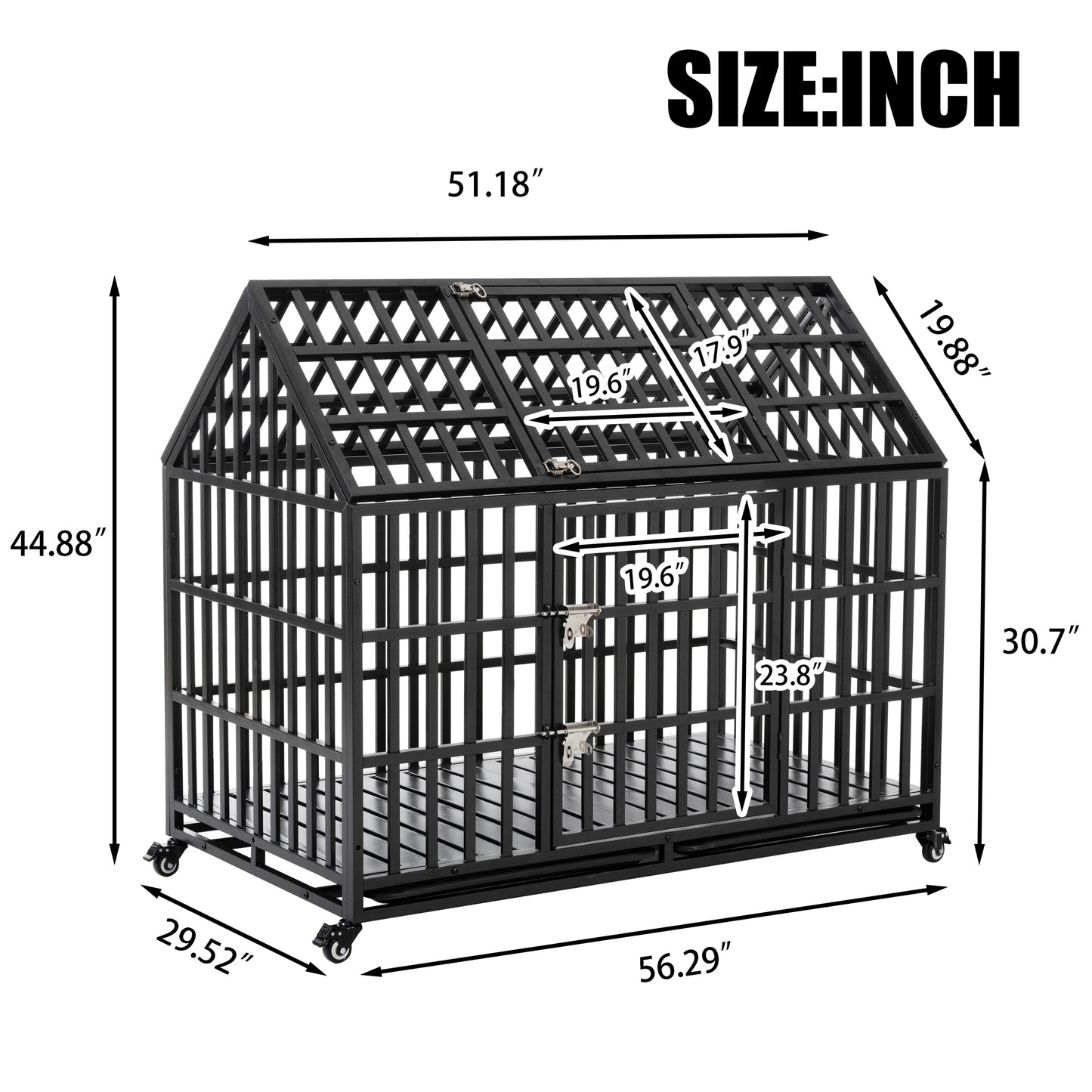 52" Heavy Duty Dog Crate Large Dog cage Strong Metal Dog Kennels and Crates for Large Dogs with 4 Lockable Wheels