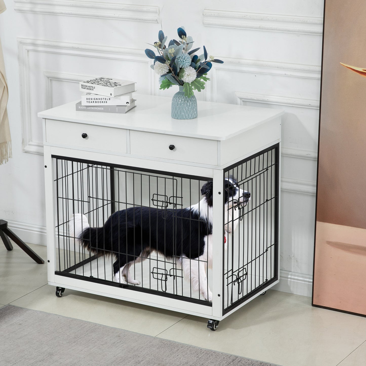 Dog Crate Furniture, Wooden Dog Crate End Table, 38.4 Inch Dog Kennel with 2 Drawers Storage, Heavy Duty Dog Crate, Decorative Pet Crate Dog Cage for Large Indoor Use (White) 38.4" L×23.2" W×35" H