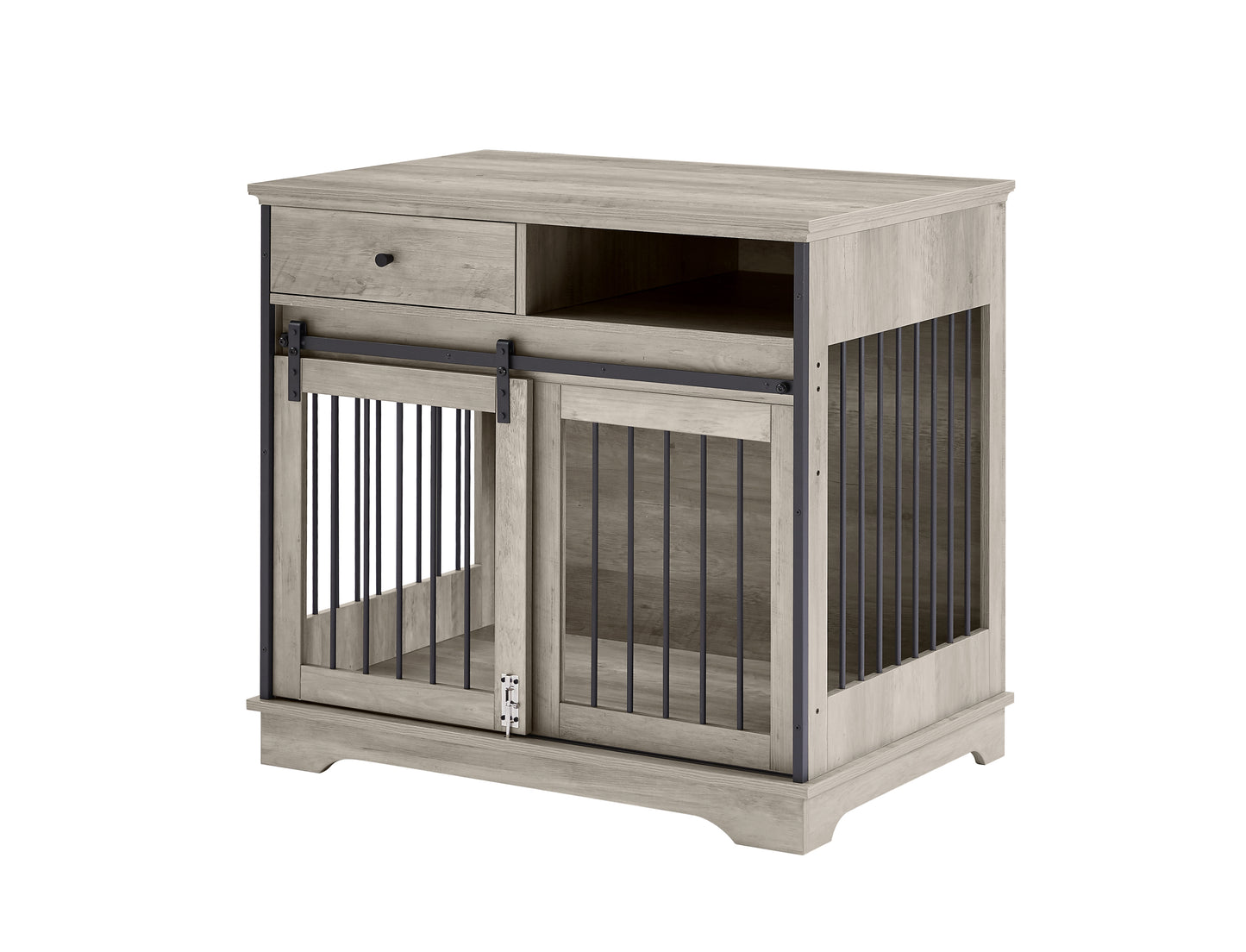 Sliding door dog crate with drawers. Grey,35.43'' W x 23.62'' D x 33.46'' H