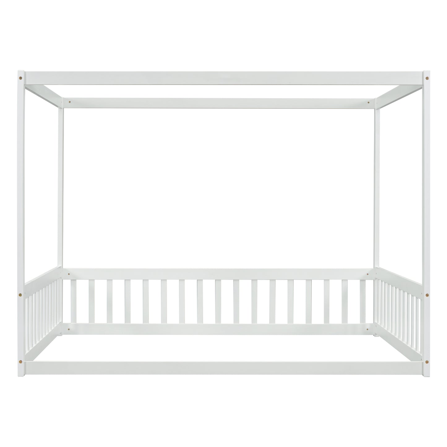 Full Size Canopy Frame Floor Bed with Fence, Guardrails,White