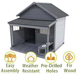 Large dog house, long 44.2" x wide 44.6" x high 44.6" Solid wood asphalt roof dog house with large terrace for large dogs, weatherproof large dog house (improved),Small wooden doors that can be locked