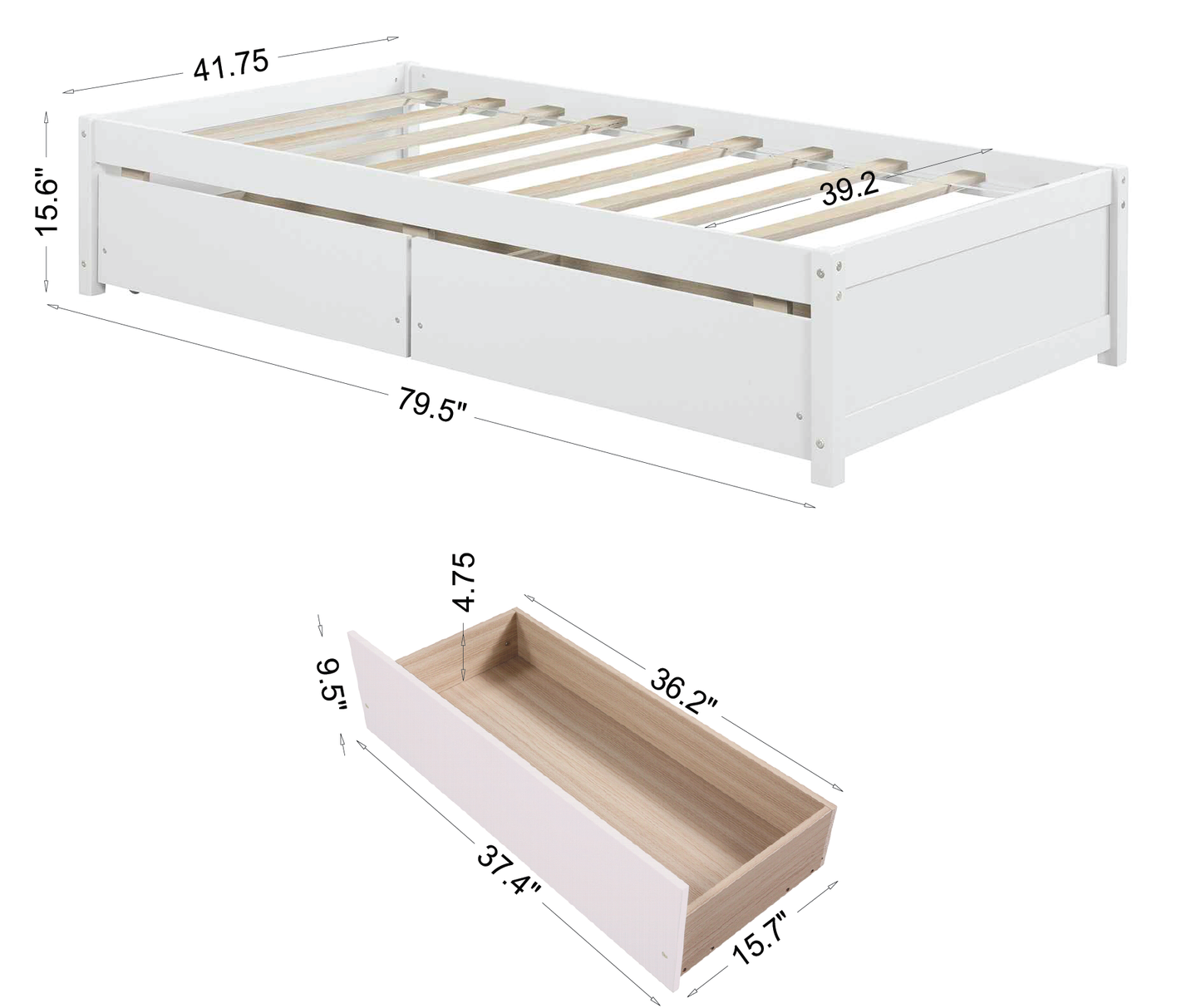 Twin Bed with 2 Drawers, Solid Wood, No Box Spring Needed ,(Old SKU:W50422209)