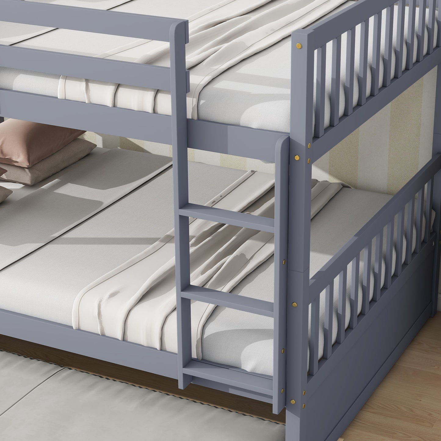 Full Over Full Rubber Wood Bunk Bed with Trundle, Ladder and Guardrails, Convertible to 2 Full Size Beds, with Twin Size Trundle ,Grey(Old Sku:W504S00250)