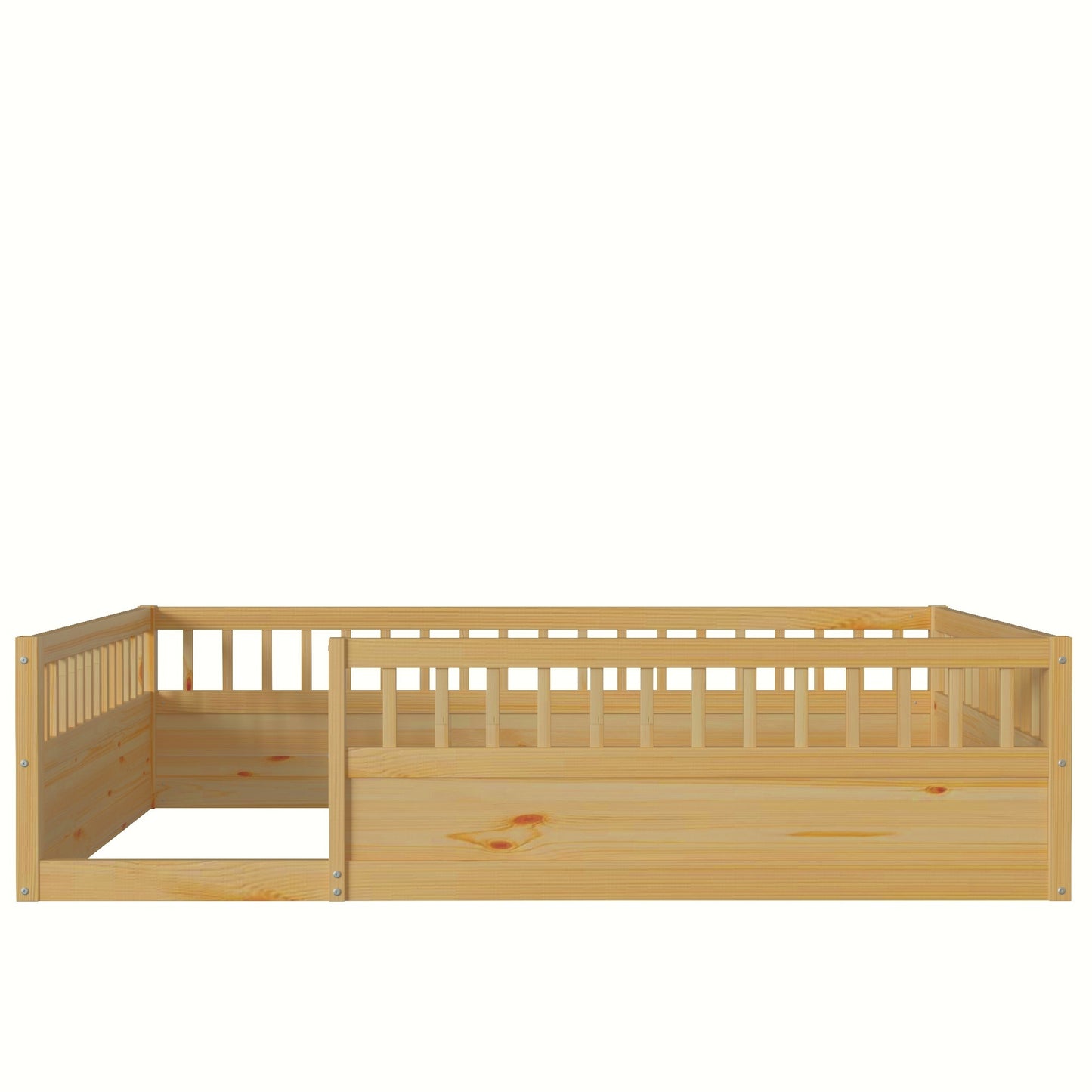 Full Floor Bed Frame with Fence, Wood Kids Floor Beds Frame for Bedroom Playroom,Natural(Expect arrive date Jul. 10th)