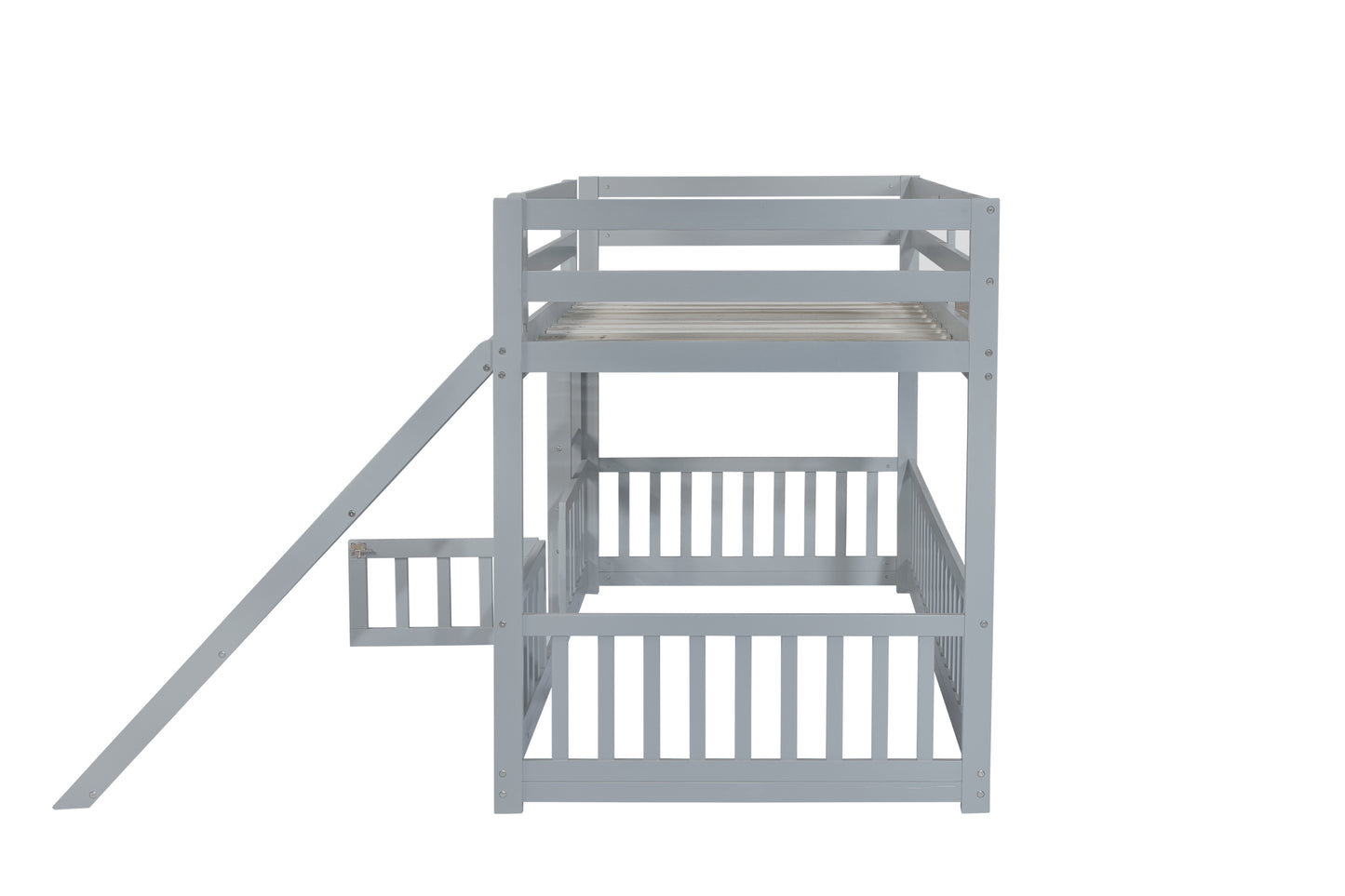 Twin Over Twin Floor Bunk Bed with Slide, Ladder, Door, Safety Guardrails, Solid Pine Wood Bunk Bed ,Grey