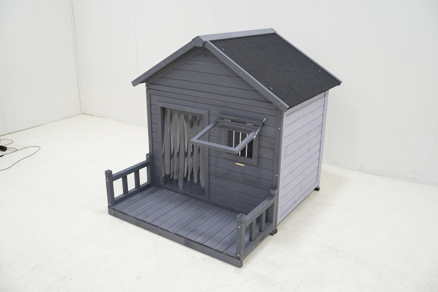 Large dog house, 44.2" long x 44.6" wide x 44.6" high solid wood asphalt roof dog house for large dogs with large terrace, weatherproof large dog house