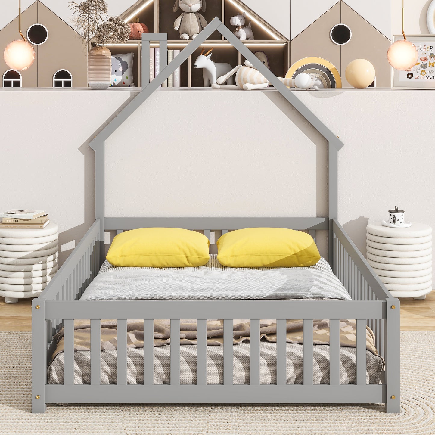 Full House-Shaped Headboard Floor Bed with Fence ,Grey