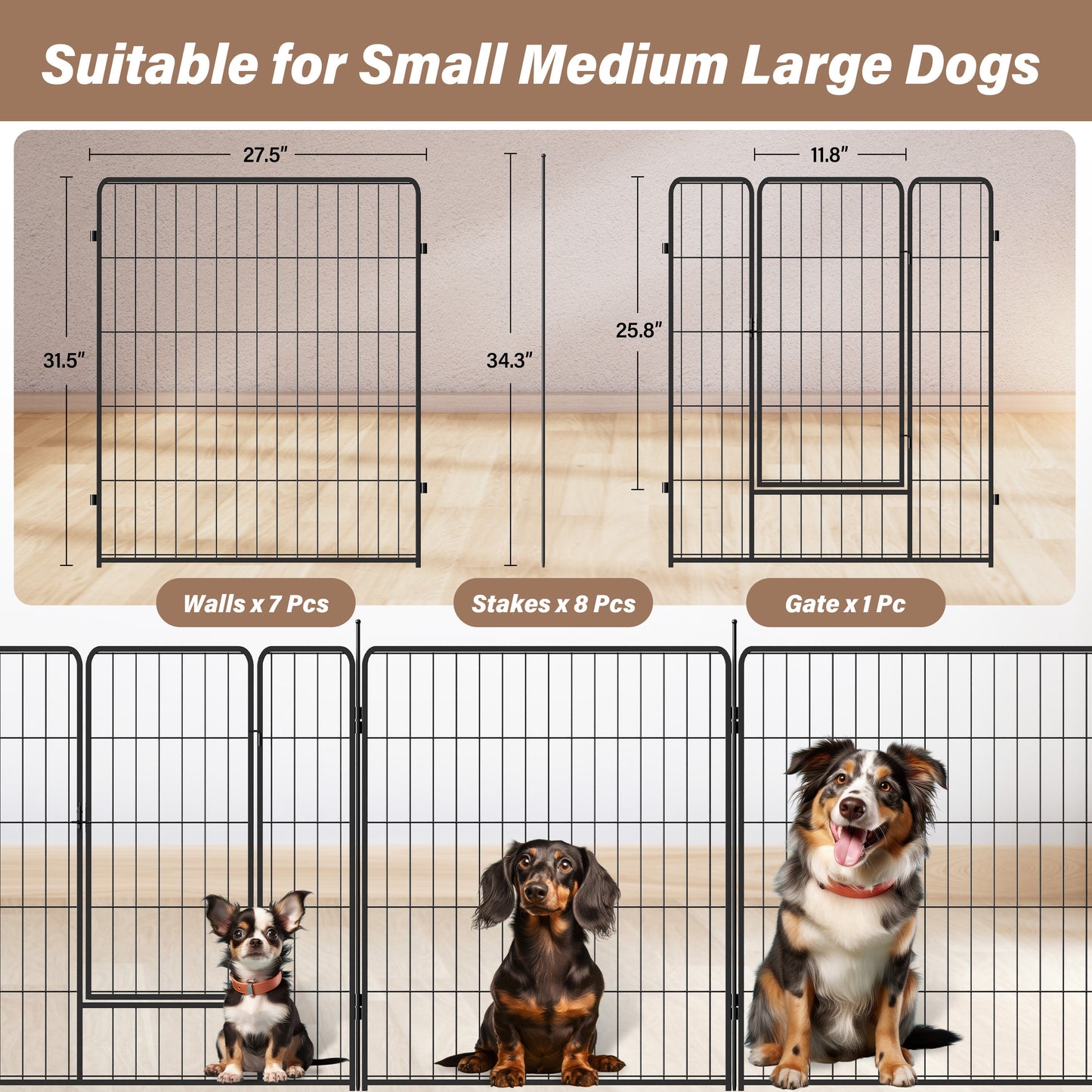 Dog Playpen Indoor Outdoor, 32" Height 8 Panels Fence with Anti-Rust Coating, Metal Heavy Portable Foldable Dog Pen for Large, Medium Small Dogs RV Yard Camping