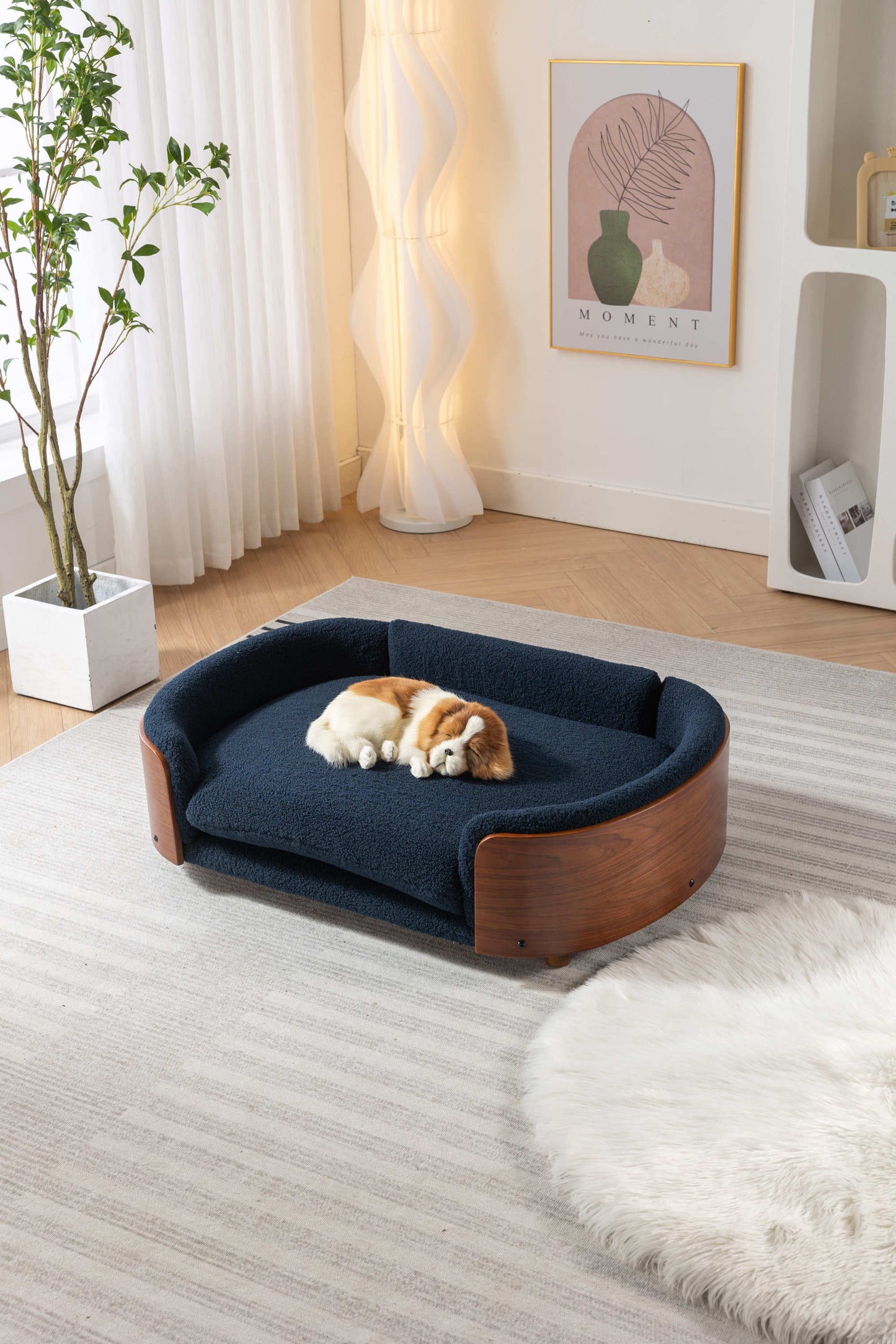 Scandinavian style Elevated Dog Bed Pet Sofa With Solid Wood legs and Walnut Bent Wood Back, Cashmere Cushion,Large Size