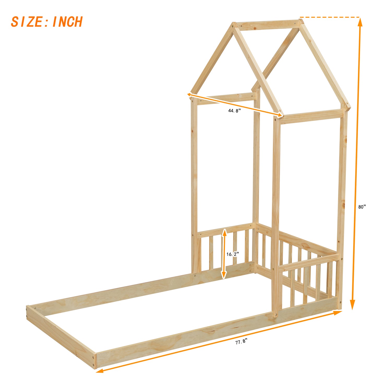 Twin House-shaped Roof Headboard Floor Bed,,(without slats),Natural