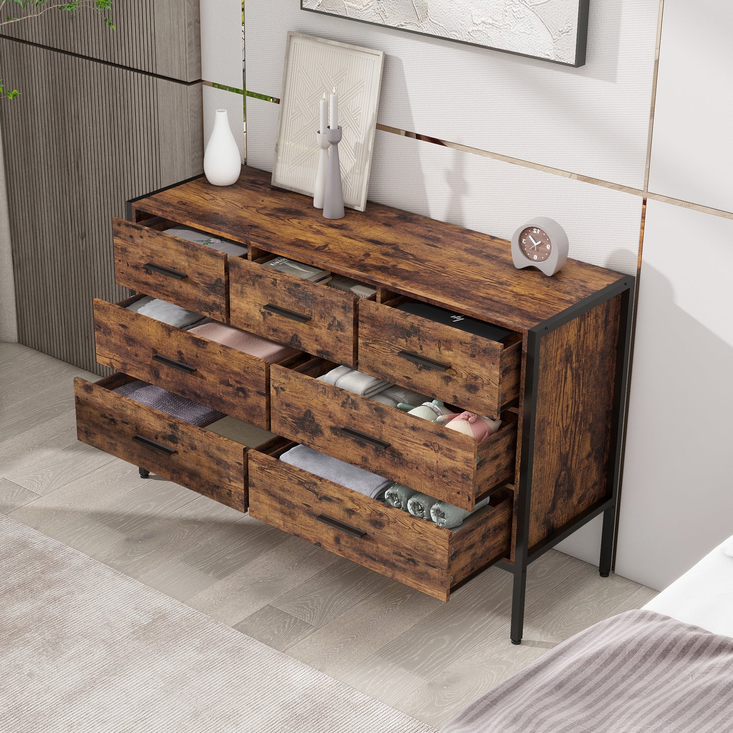 Wood Dresser with 7 Drawers, Wooden Storage Closet for Bedroom, Solid Clothes Cabinet with Sturdy Steel Frame, 48.58"W×15.75"D×31.22"H, 48 inch, Rustic Brown