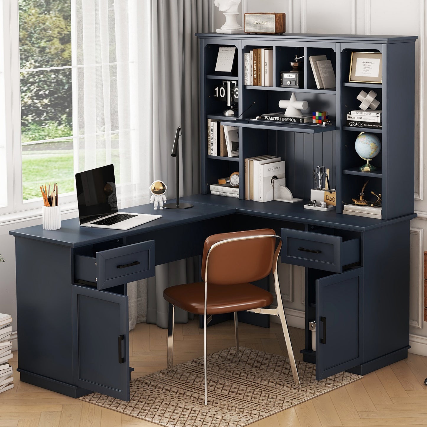 L-shaped computer desk with 2 cabinets and 2 drawers underneath the table, 11 open shelves and a flip-up shelf with storage on the right side, suitable for study, living room and office, Antique Blue