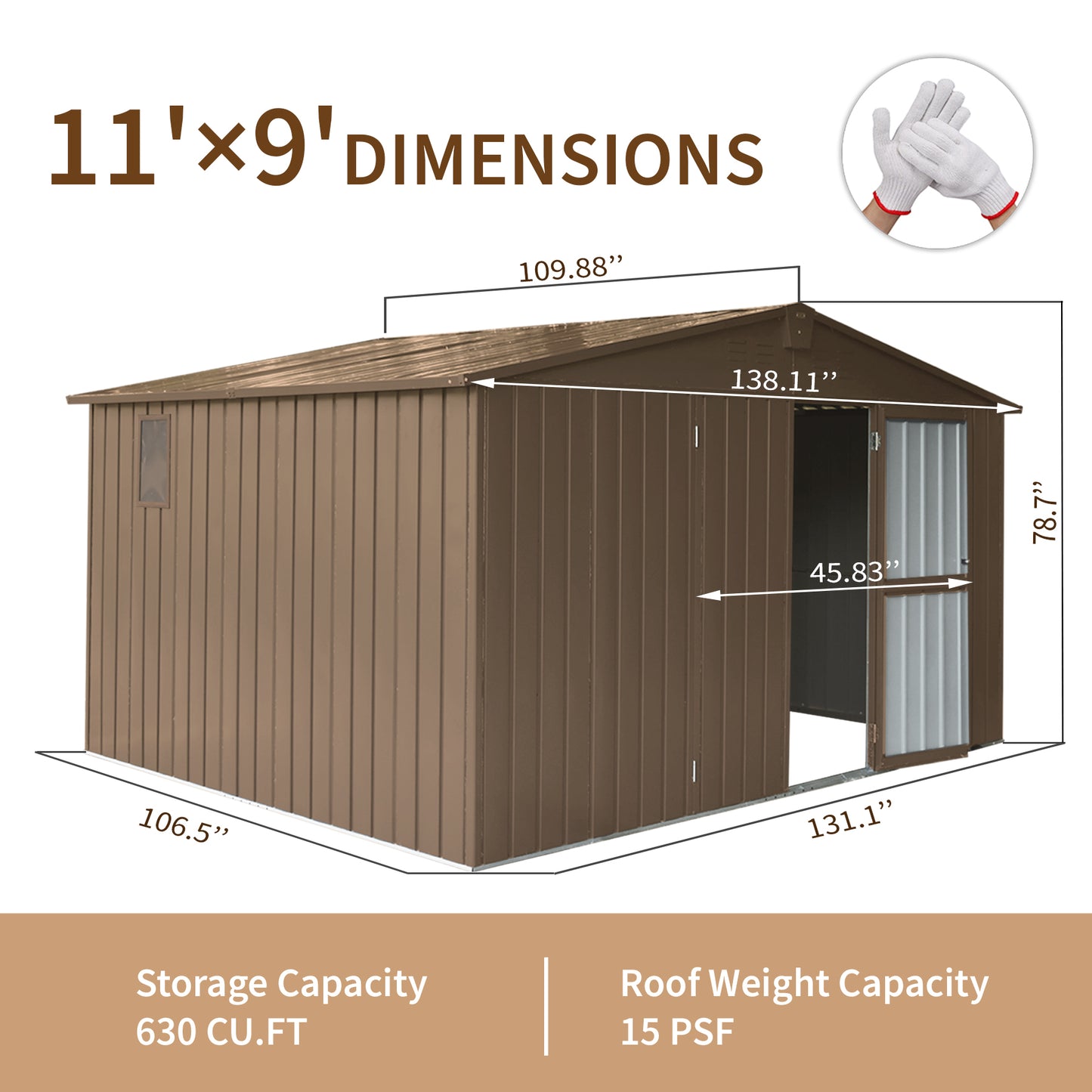 Backyard Storage Shed 11'x 9' with Galvanized Steel Frame & Windows, Outdoor Garden Shed Metal Utility Tool Storage Room with Lockable Door for Patio(Brown)