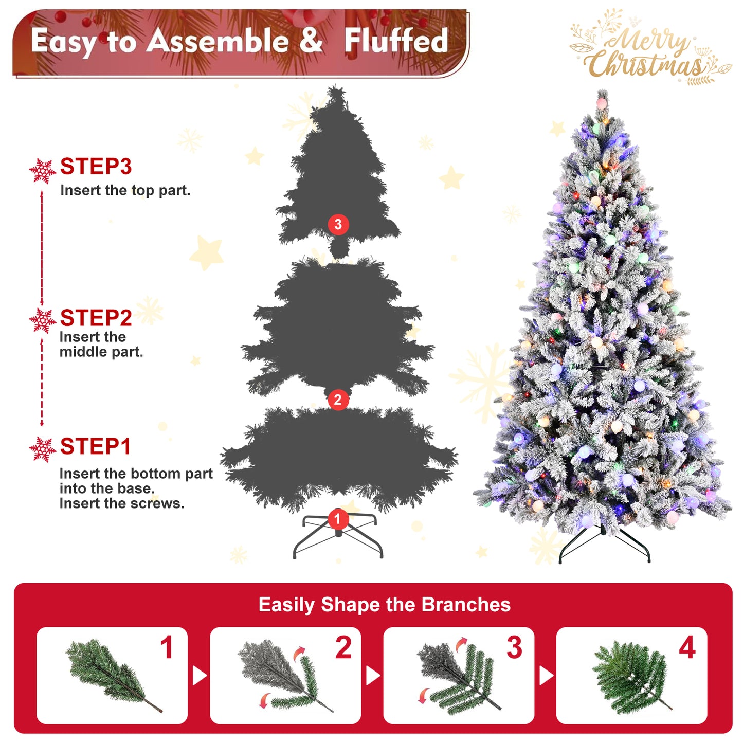 8FT PE+PVC  Floceked Christmas Tree with Easy Power & Memory Wire Technology, 470 Dual-Color LEDs With 10 Function, G45 Bulbs, and 1793 Tips , Innovative Holiday Experience!