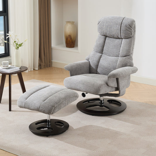 010-Ergonomic Recliner Chair with Ottoman, Modern 360° Swivel Lounge Chair with Footstool, Chenille Fabric, 5 Point Vibration Massage, Seat Heating & 140° Adjustable Backrest for Home or Office, Grey