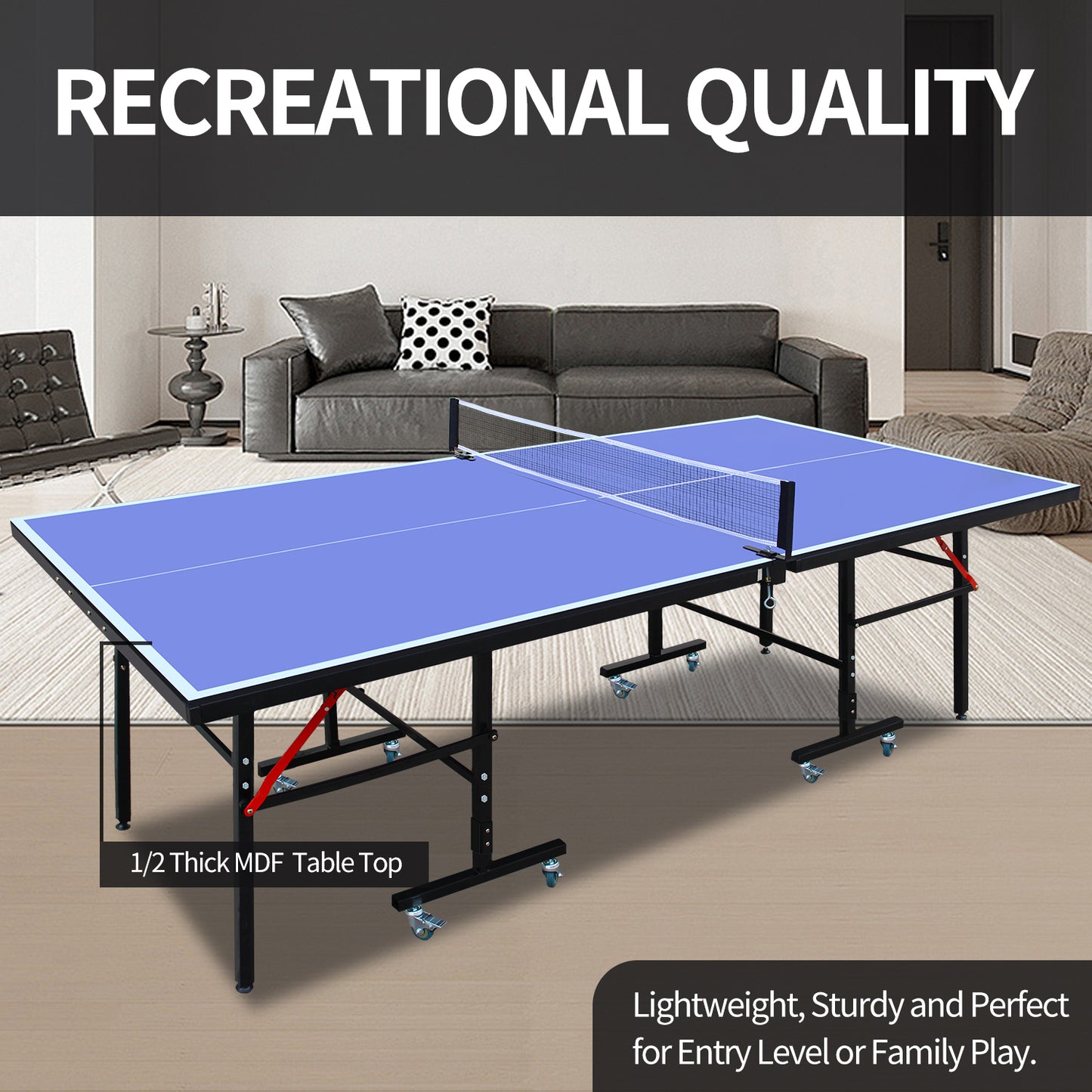 8ft Mid-Size Table Tennis Table Foldable & Portable Ping Pong Table Set for Indoor Games with Net, 2 Table Tennis Paddles and 3 Balls