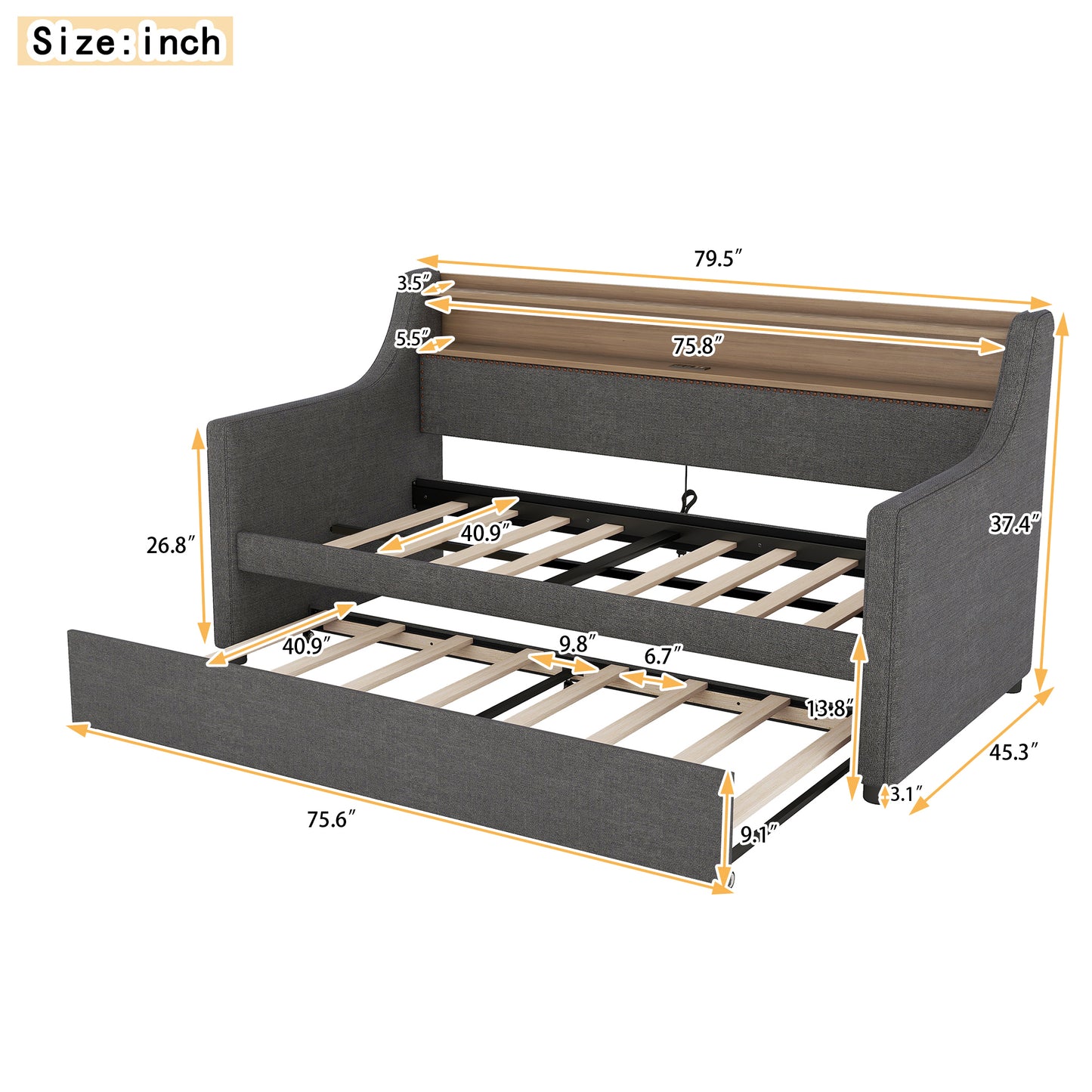 Twin Size Daybed with Trundle Bed, Upholstered Daybed with Charging Station and LED Lights, Gray