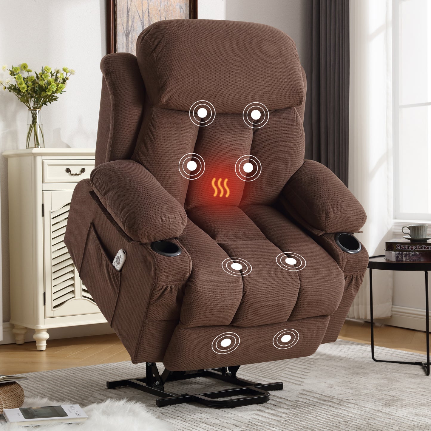 Power Lift Recliner Chair with Heat and Massage Electric Fabric Recliner Chair for Elderly with Side Pocket, USB Charge Port, Remote Control for Living Room (BROWN)A+B