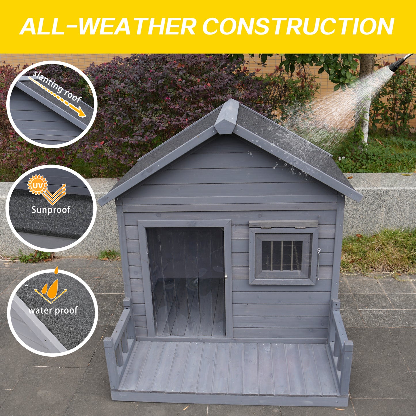 Large dog house, 44.2" long x 44.6" wide x 44.6" high solid wood asphalt roof dog house for large dogs with large terrace, weatherproof large dog house