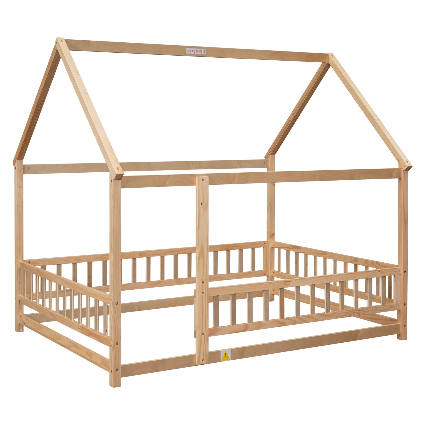 Full Size Floor Wooden Bed with House Roof Frame, Fence Guardrails ,Nartural(Old SKU:W504105242)