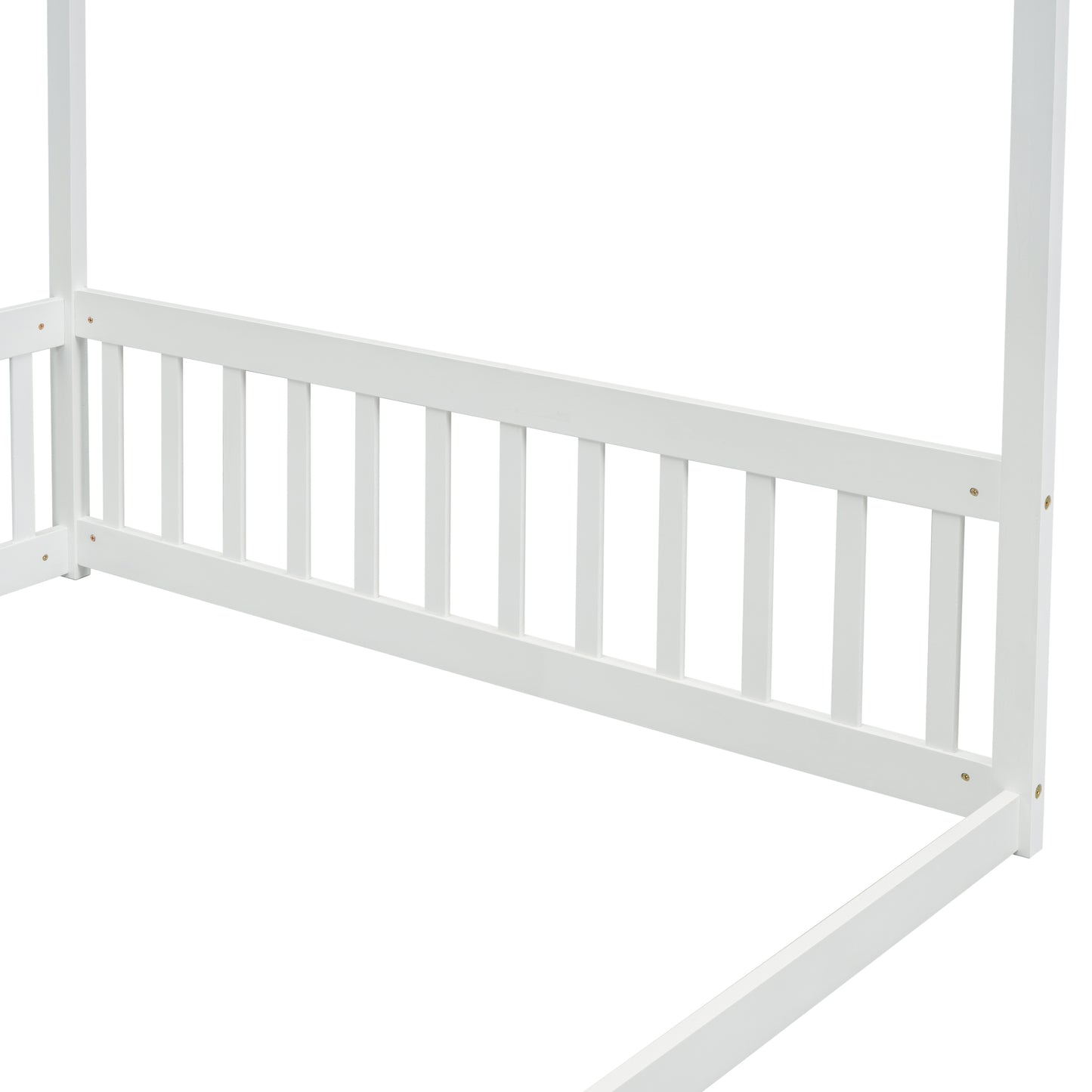 Full Size Canopy Frame Floor Bed with Fence, Guardrails,White