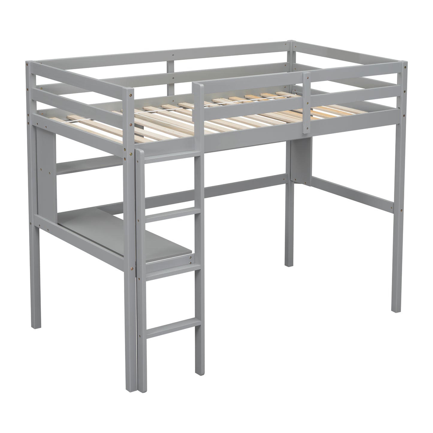 Twin Size Loft Bed with desk and shelves, Safety Guardrail and ladder,Grey