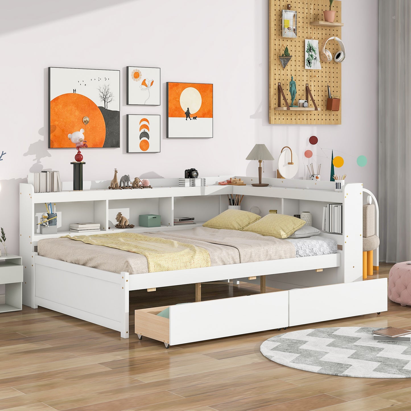 Full Bed with L-shaped Bookcases, Drawers ,White