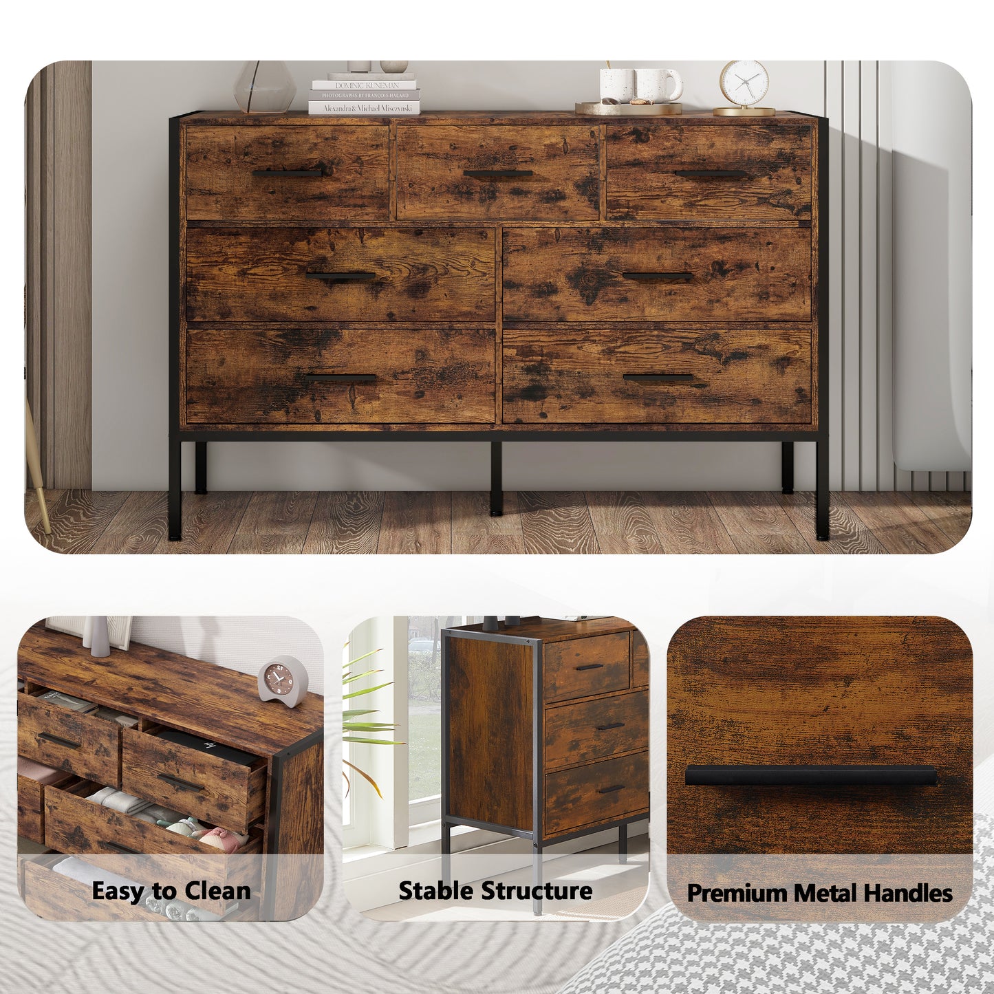 Wood Dresser with 7 Drawers, Wooden Storage Closet for Bedroom, Solid Clothes Cabinet with Sturdy Steel Frame, 48.58"W×15.75"D×31.22"H, 48 inch, Rustic Brown