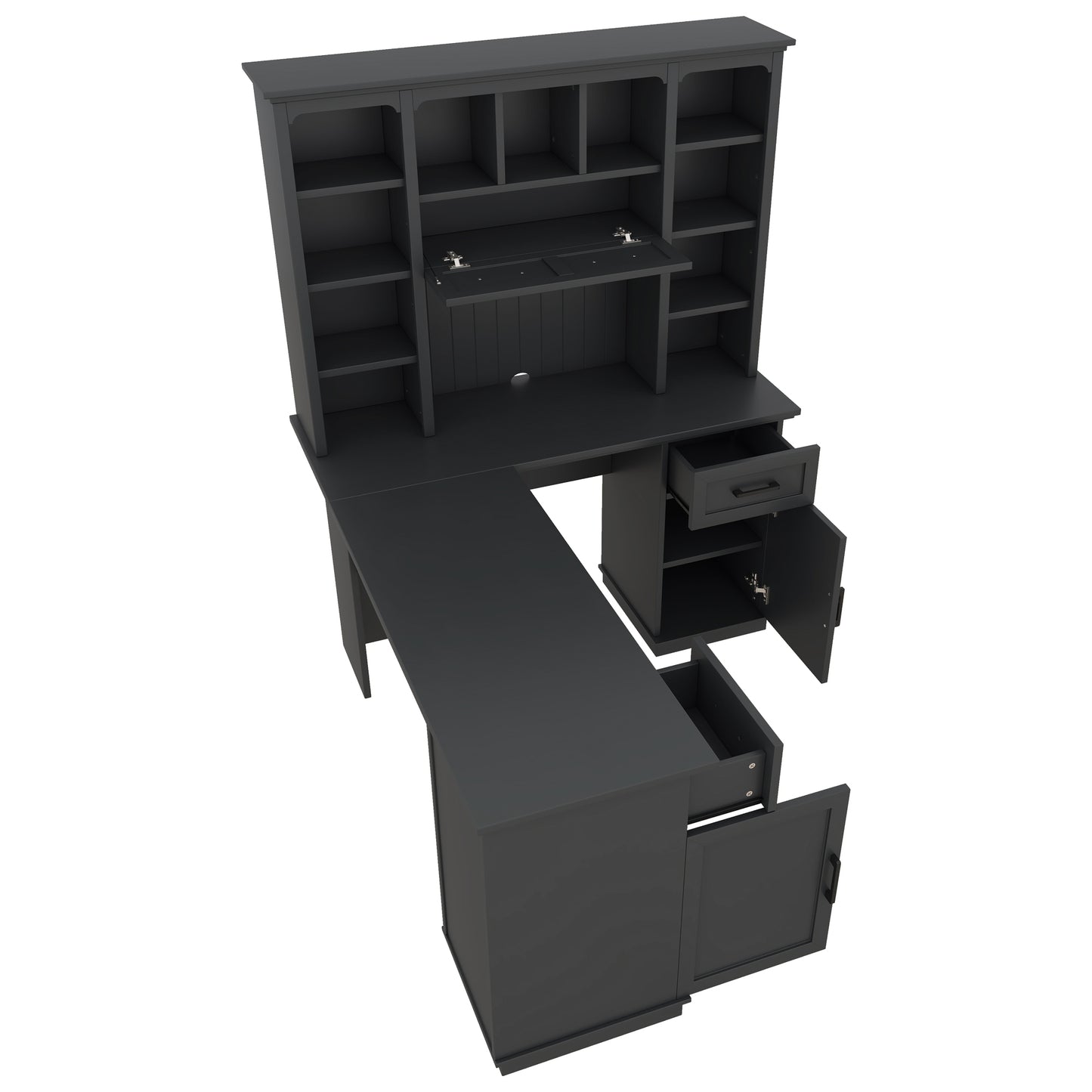 L-shaped computer desk with 2 cabinets and 2 drawers underneath the table, 11 open shelves and a flip-up shelf with storage on the right side, suitable for study, living room and office, Black