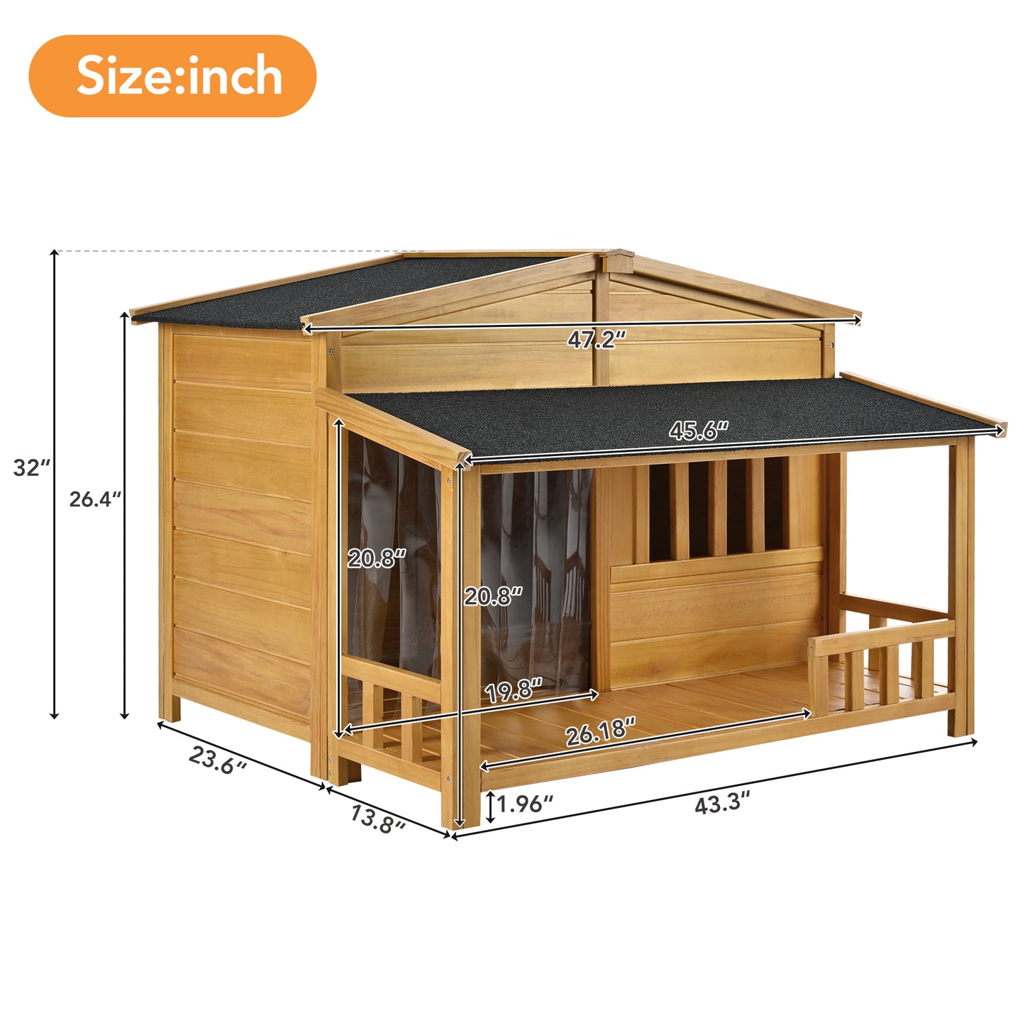 GO 47.2" Wooden Dog House, Outdoor & Indoor Dog Crate, Pet Kennel With Porch, Solid Wood, Weatherproof,  Medium, Nature