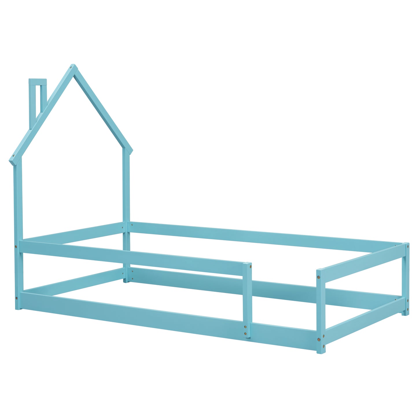 Twin Size Wood bed with House-shaped Headboard Floor bed with Fences,Light Blue