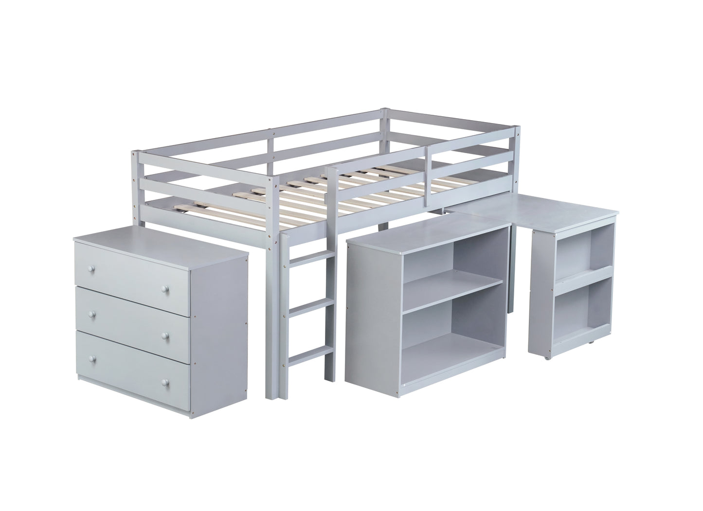 Twin Loft Bed with ,Drawer Cabinet, Shelf Cabinet and Pulling -Out Desk,Rubber Wood Loft Bed with Safety Guardrail ,Ladder,Grey