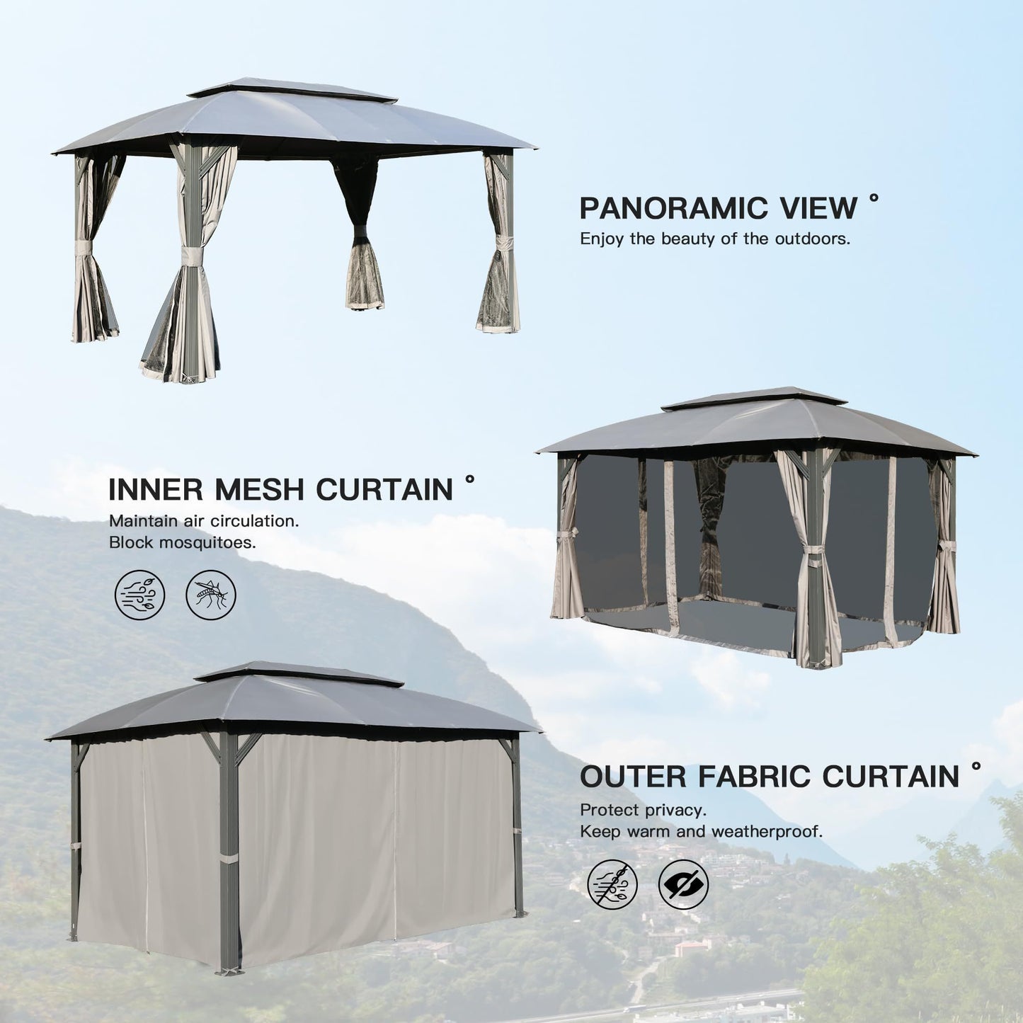 Gazebo 10x14FT, Outdoor Gazebo with Double Roofs, Privacy Curtains, Mosquito Nettings, Heavy Duty Metal Frame Party Tent Canopy for Patio, Backyard, Deck, Lawn, Grey